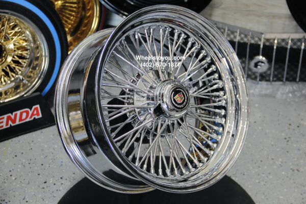 New 16x7" Cadillac 72 Spoke Chrome Cross Lace Knockoff Rear Wheel Drive Wire Wheels Complete set of four (4) with Hardware