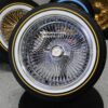 New 17x9" All Chrome Reverse " DEEP DISH" 100 Spoke True Knockoff Wire Wheels & Low Profile Vogue Whitewall Yellow Gold Stripe Tire Set (4) Complete with Hardware - Image 4