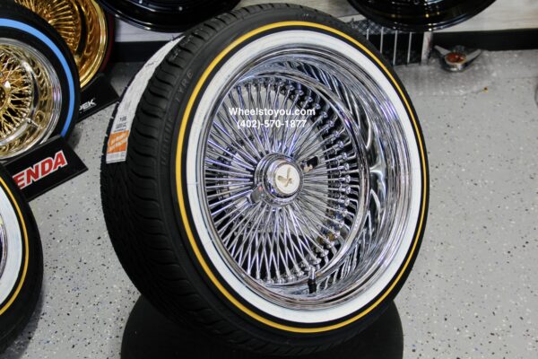 New 17x9" All Chrome Reverse " DEEP DISH" 100 Spoke True Knockoff Wire Wheels & Low Profile Vogue Whitewall Yellow Gold Stripe Tire Set (4) Complete with Hardware