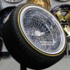 New 17x9" All Chrome Reverse " DEEP DISH" 100 Spoke True Knockoff Wire Wheels & Low Profile Vogue Whitewall Yellow Gold Stripe Tire Set (4) Complete with Hardware - Image 6