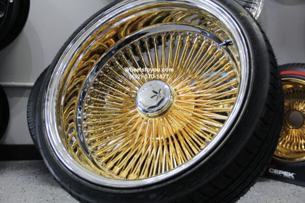 New 18" Deep Dish 24kt Gold & Chrome 150 Spoke Wire Wheels & Low Profile Tires Complete Set of four (4) with Hardware