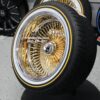 NEW 17X9" 24KT GOLD & CHROME DEEP DISH 100 SPOKE KNOCKOFF WIRE WHEELS & Low Profile Vogue Whitewall 215-50-17 Tires SET (4) WITH HARDWARE - Image 2