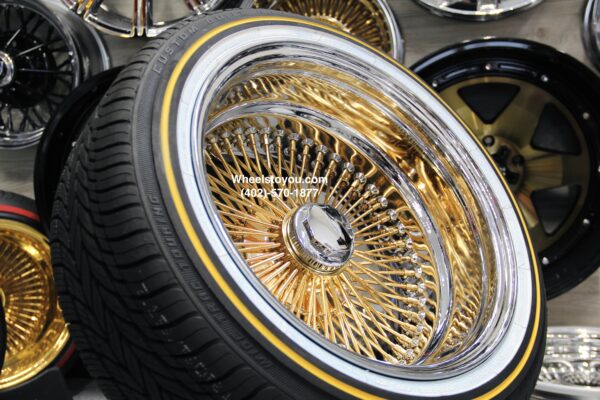 NEW 17X9" 24KT GOLD & CHROME DEEP DISH 100 SPOKE KNOCKOFF WIRE WHEELS & Low Profile Vogue Whitewall 215-50-17 Tires SET (4) WITH HARDWARE