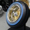 New 13x7" 24kt Gold back and Chrome Lip 72 Spoke Cross Lace Wire Spoke Wheel & True Blue-Wall Lowrider Tire Knockoff Package Complete Set (4) with Hardware Fit Buick - Image 2