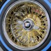 New 13x7" 24kt Gold back and Chrome Lip 72 Spoke Cross Lace Wire Spoke Wheel & True Blue-Wall Lowrider Tire Knockoff Package Complete Set (4) with Hardware Fit Buick - Image 3