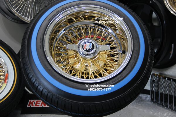 New 13x7" 24kt Gold back and Chrome Lip 72 Spoke Cross Lace Wire Spoke Wheel & True Blue-Wall Lowrider Tire Knockoff Package Complete Set (4) with Hardware Fit Buick