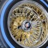 New 13x7" 24kt Gold back and Chrome Lip 72 Spoke Cross Lace Wire Spoke Wheel & True Blue-Wall Lowrider Tire Knockoff Package Complete Set (4) with Hardware Fit Buick - Image 7