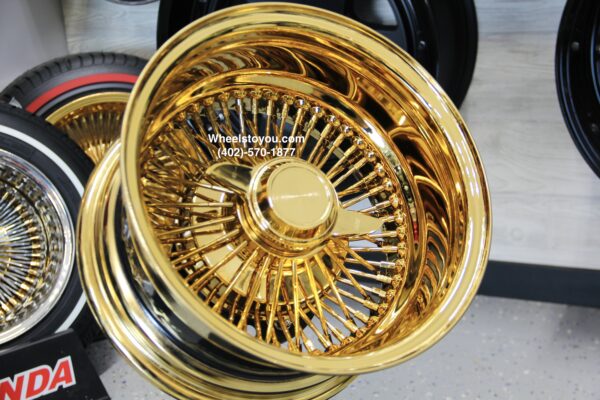 New Set (4) 13x7" 24kt ALL GOLD 72 Spoke True Knockoff Deep Dish Wire Spoke Wheels Complete set four (4) Lowrider, Classic, Hopper, Show Car