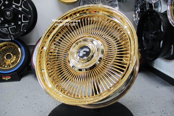 New 24" Forgiato ALL GOLD Direct Bolt Spoke Rear Wheel Drive Wire Wheels Set of Four (4) Complete With Floating Caps 5x4.75 or 5x5 Bolt Patterns