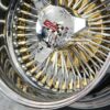 New Genuine Dayton Stamped 13x7" Deep Dish 88 Spoke 24kt Gold Hub Gold Nipples & Stainless Spoke Lowrider Knockoff Wire Wheels Set of four (4) with Hardware - Image 3