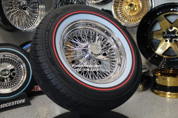 New 15x7" Cadillac 72 Spoke Chrome Cross Lace Wire Wheels & Vogue Whitewall / Red Stripe 215-70-15 Tires Set (4) Fit Rear Wheel Drive Deville Seville Brougham Fleetwood & More RWD Cars