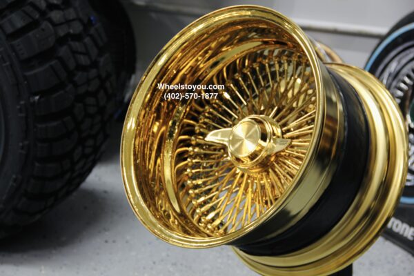 New 15x10" ALL GOLD 100 SPOKE DEEP DISH REVERSE KNOCKOFF WIRE WHEELS SET (4) COMPLETE WITH HARDWARE