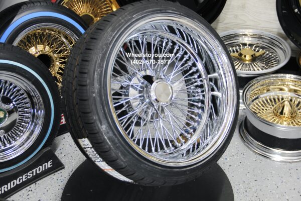 New 17x9" All Chrome Reverse " DEEP DISH" 72 Spoke Cross Lace True Knockoff Wire Wheels & 205-40-17 Low Profile Tires Set (4) Complete with Hardware