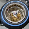 New 14x7" Deep Dish 24kt Gold and Chrome 100 Spoke Wire Spoke Wheels True Knockoff Lowrider Set (4) with 175-70-14 Bluewall Tire Package - Image 5