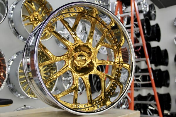 New Amani Forged "Verge" 24" Billet Staggered Gold & Chrome USA MADE Wheels 5x4.75" Bolt pattern Set (4) With Matching Steering Wheel Fit Chevy Chevrolet Caprice Impala Buick Oldsmobile Cutlass Monte Carlo Regal Grand Prix ETC