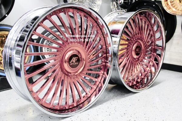 New Amani Forged "Chile" 26" Billet Staggered Rose Gold & Chrome USA MADE Wheels & Steering Wheel Any Bolt pattern (Drilled to Order) Set (4) Fit Chevy Chevrolet Caprice Impala Free Shipping in the U.S.