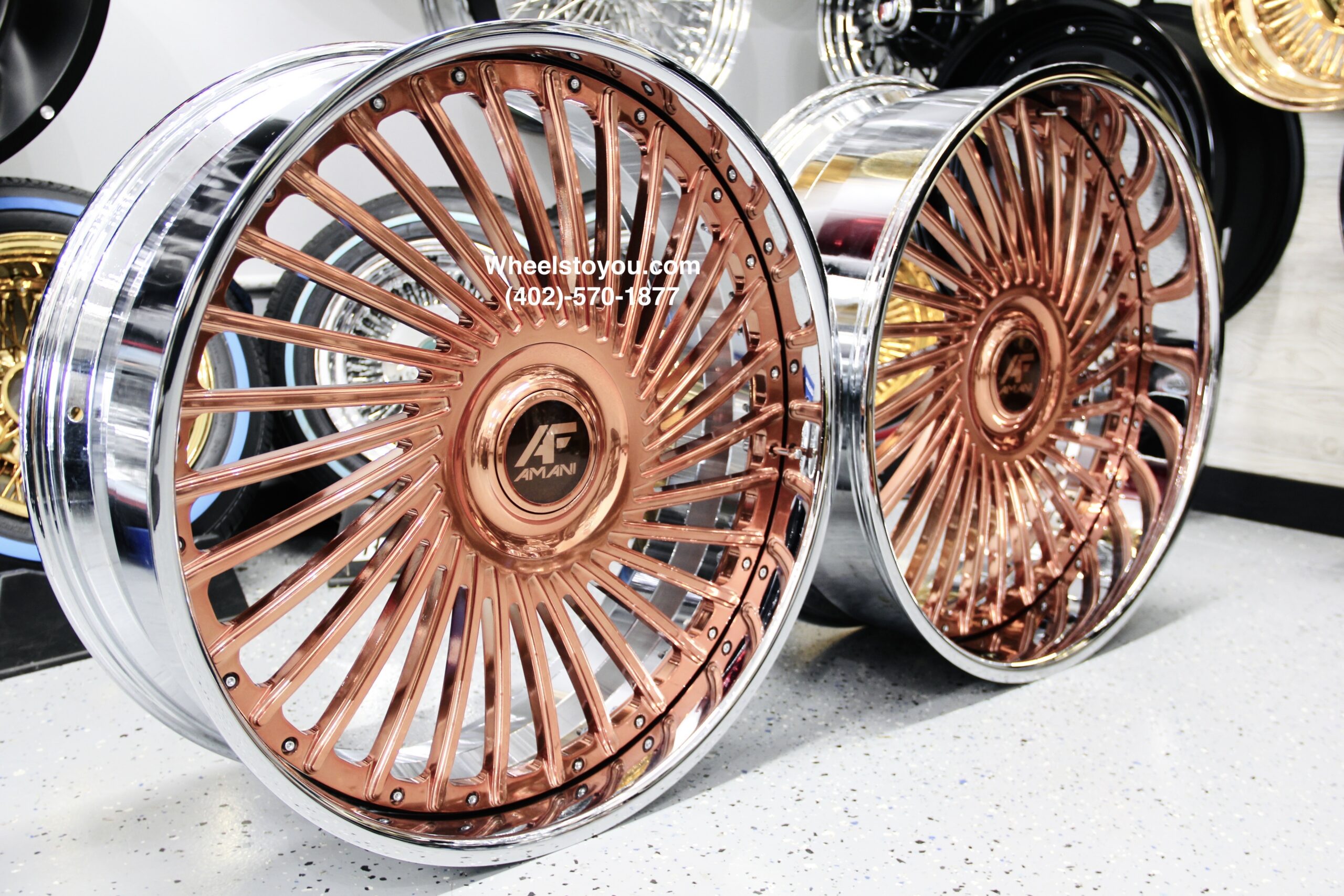 New Amani Forged "Chile" 26" Billet Staggered Rose Gold & Chrome USA MADE Wheels / Tires & Steering Wheel Any Bolt pattern (Drilled to Order) Set (4) Fit Chevy Chevrolet Caprice Impala Free Shipping in the U.S.