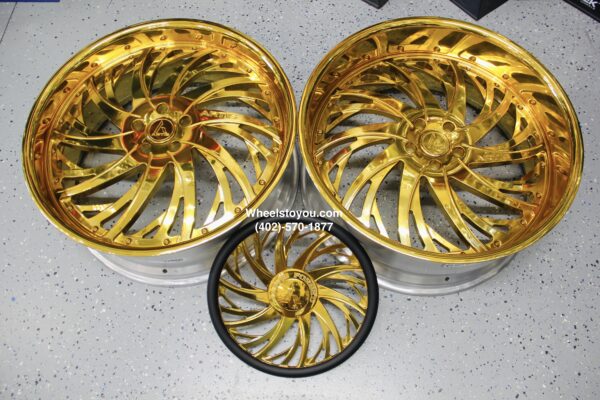 New Set (4) Artis Forged "Decatur" 24" Billet Staggered 24k Gold USA MADE Wheels & Steering Wheel 5x4.75" Bolt pattern Set (4) Fit Chevy Chevrolet Caprice Impala Buick Oldsmobile Cutlass Monte Carlo Regal Grand Prix & More