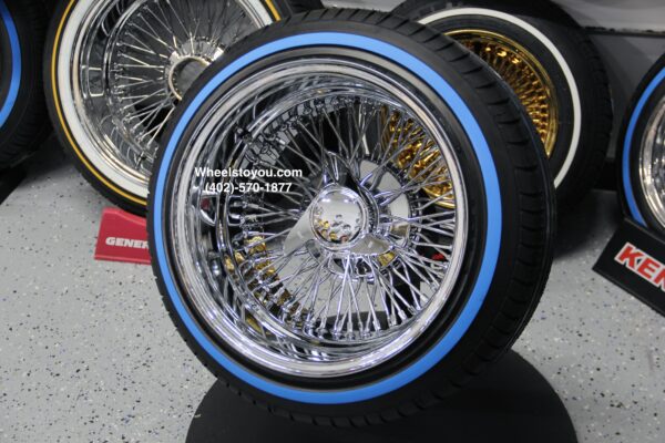 New 15x10" CROSS LACE DEEP DISH ALL CHROME 72 SPOKE KNOCKOFF WIRE WHEELS & BLUE-WALL LOW PROFILE TIRES SET (4) COMPLETE