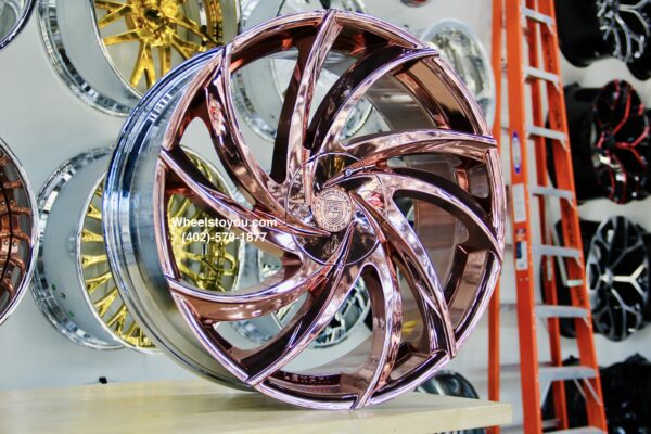 New set (4) 24" Lexani "Twisted" Rose Gold Wheels 5x4.5" 5x115 5x120 5x4.75" Bolt patterns Set (4) Fit Chevy Dodge Chrysler Chevrolet Ford Mercury & More