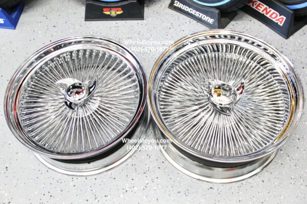 New Set (4) Staggered 22x8 & 22x10" Chrome Spoke Knockoff Wire Wheels Complete Set with Smooth Hex / Octagon Caps & Hardware