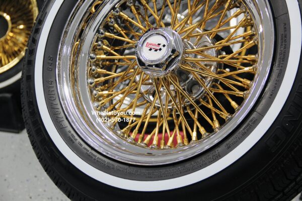 New Set (4) 14x7" Genuine Dayton 70 Spoke Direct Bolt 24kt Gold Stainless Spokes and nipples 5x4.75" aka 5x120.7mm bolt pattern Wheel & 175-70-14 White wall Tire Package Complete Set (4) with Lugs & Washers