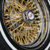 New Set (4) 14x7" Genuine Dayton 70 Spoke Direct Bolt 24kt Gold Stainless Spokes and nipples 5x4.75" aka 5x120.7mm bolt pattern Wheel & 175-70-14 White wall Tire Package Complete Set (4) with Lugs & Washers - Image 9