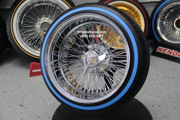 New Set (4) 17x9" CROSS LACE DEEP DISH ALL CHROME 72 SPOKE KNOCKOFF WIRE WHEELS & BLUE-WALL LOW PROFILE 205-45-17 TIRES SET (4) COMPLETE