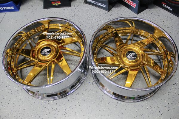 New Set (4) Amani Forged "Nava" 24" Billet Staggered DISH 24k Gold & Chrome USA MADE Wheels 5 Lug Bolt pattern Set (4) Fit Wide Body Hellcat Charger Challenger