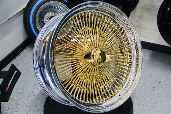 New Set (4) 24" GOLD & CHROME TRUE KNOCKOFF 208 SPOKE WIRE WHEELS SET FOUR (4) WITH HARDWARE