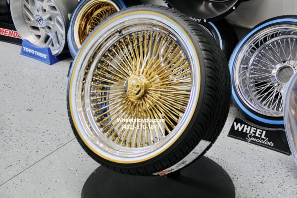 New 22x8" 24kt Gold With Chrome Dish 150 Spoke Knockoff Wire Wheels & Vogue Low Profile Whitewall Gold stripe Tires Complete Set of four (4) with Installation Hardware