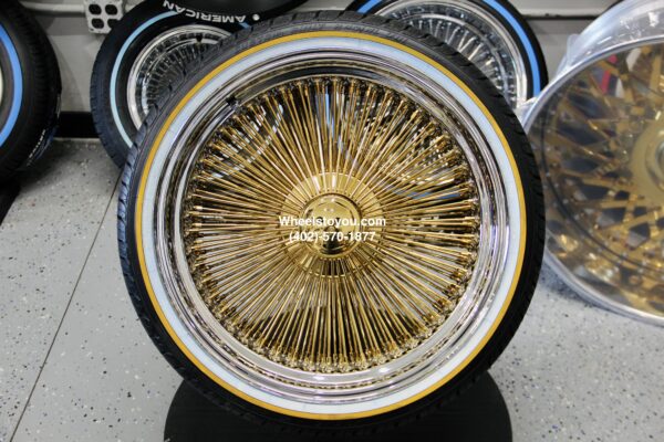 New Set (4) 20" Gold With Chrome Dish 150 Spoke Knockoff Wire Wheels & Vogue 245-35-20 Low Profile Whitewall Gold stripe Tires Complete Set of four (4) with Installation Hardware