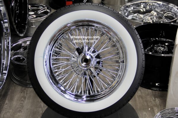 New Set (4) Cross Lace 72 Spoke 18" Chrome Knockoff Wire Wheels and Genuine Wide Whitewall 225-50-18 Tire Package Complete Set of four (4) with Hardware ready to install Cadillac Buick Olds Chevy Pontiac Lincoln REAR WHEEL DRIVE