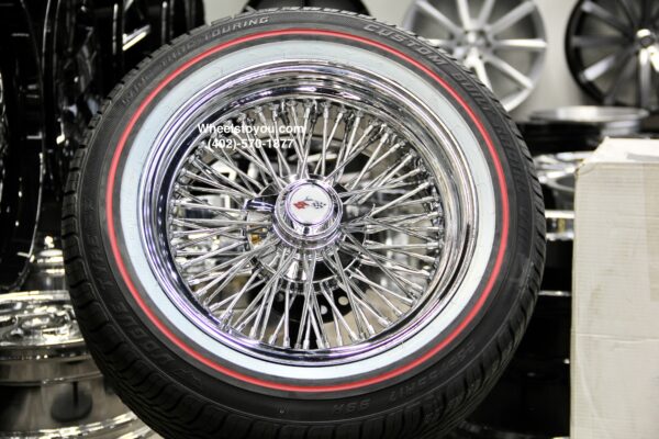 New Set (4) Cross Lace 72 Spoke 17" Chrome Knockoff Wire Wheels and Genuine Vogue 235-55-17 Whitewall / RED Stripe Tire Package Complete Set of four (4) with Hardware ready to install