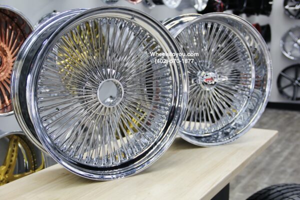 New Set (4) 22" GENUINE DAYTON STAGGERED 144 SPOKE CHROME KNOCKOFF WIRE WHEELS SET WITH CHOICE OF HARDWARE