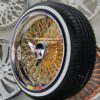 New Set (4) 17x9" Genuine Dayton Brand Stamped & Serialized 24kt Gold & Chrome 100 Spoke Triple Cross Lace One Of A Kind knockoff Wire Wheels & Low Profile Whitewall Tires - Image 8