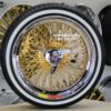 New Set (4) 17x9" Genuine Dayton Brand Stamped & Serialized 24kt Gold & Chrome 100 Spoke Triple Cross Lace One Of A Kind knockoff Wire Wheels & Low Profile Whitewall Tires - Image 3