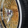 New Set (4) 17x9" Genuine Dayton Brand Stamped & Serialized 24kt Gold & Chrome 100 Spoke Triple Cross Lace One Of A Kind knockoff Wire Wheels & Low Profile Whitewall Tires - Image 9