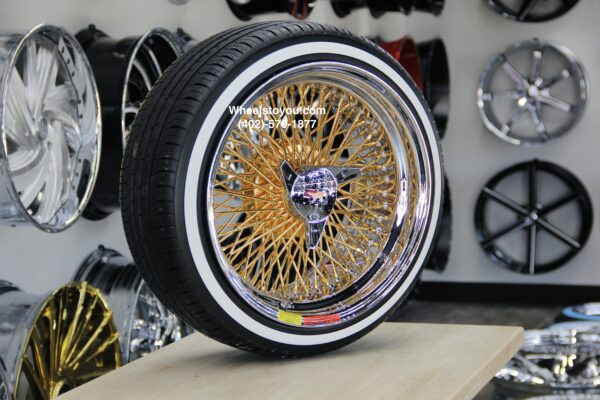 New Set (4) 17x9" Genuine Dayton Brand Stamped & Serialized 24kt Gold & Chrome 100 Spoke Triple Cross Lace One Of A Kind knockoff Wire Wheels & Low Profile Whitewall Tires