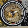 New Set (4) 17x9" Genuine Dayton Brand Stamped & Serialized 24kt Gold & Chrome 100 Spoke Triple Cross Lace One Of A Kind knockoff Wire Wheels & Low Profile Whitewall Tires - Image 5