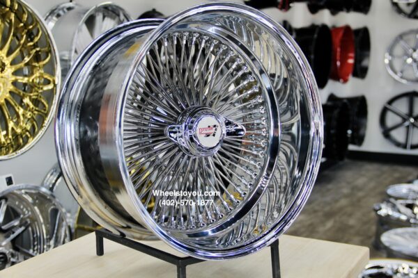 New Set (4) Genuine Dayton Stamped Serialized 18x8" Deep Dish 100 Spoke Radial Lace Stainless & Chrome Lowrider Knockoff Wire Wheels Set of four (4) with Hardware