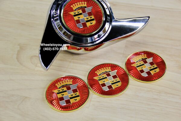 New Set (4) Gold & Chrome 3 Wing Cadillac Medallion Wire Wheel Spinners for 13 To 22" Size Knockoffs Complete Set (4)