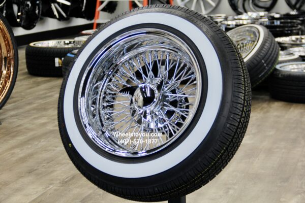 New Set (4) 15x8" CROSS LACE DEEP DISH ALL CHROME 72 SPOKE KNOCKOFF WIRE WHEELS & 1.75" WIDE WHITEWALL TIRES SET (4) COMPLETE