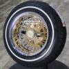 New Set (4) 13x7" 24kt Gold Spokes & Hub with Chrome Lip 72 Spoke Cross Lace Wire Spoke Wheel & Whitewall Lowrider Tire Knockoff Package Complete Set (4) with Chrome Locking Knockoff - Image 3