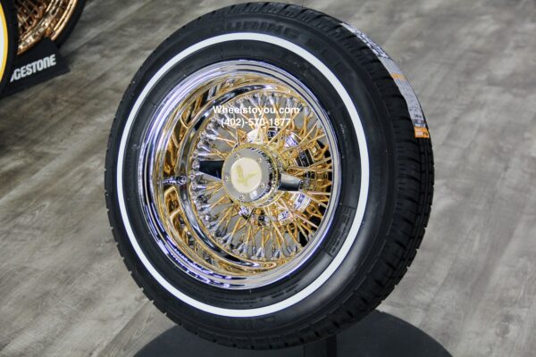 New Set (4) 13x7" 24kt Gold Spokes & Hub with Chrome Lip 72 Spoke Cross Lace Wire Spoke Wheel & Whitewall Lowrider Tire Knockoff Package Complete Set (4) with Chrome Locking Knockoff