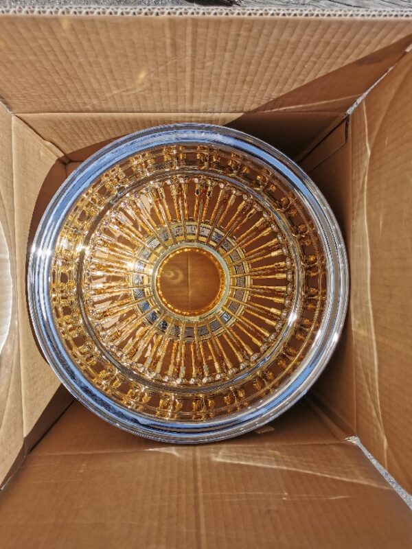 New Single (1) 13 x 7" Reverse 72 Spoke Straight Lace Gold & Chrome Knockoff Wire Wheel