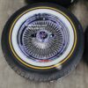 New Set (4) Genuine Dayton 15" & 16" Rear Wheel Drive 100 Spoke Wire Wheels & Vogue Whitewall / Yellow Stripe Tire Package With Choice Of Spinner & Hardware - Image 3