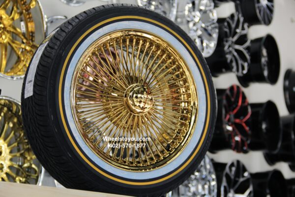 New Set (4) All Gold 17X8" Front Wheel Drive 24kt Gold Bead Lace 100 Spoke True Knockoff Wire Wheels & Vogue Whitewall Yellow Gold Stripe Tire Package (4) WITH HARDWARE