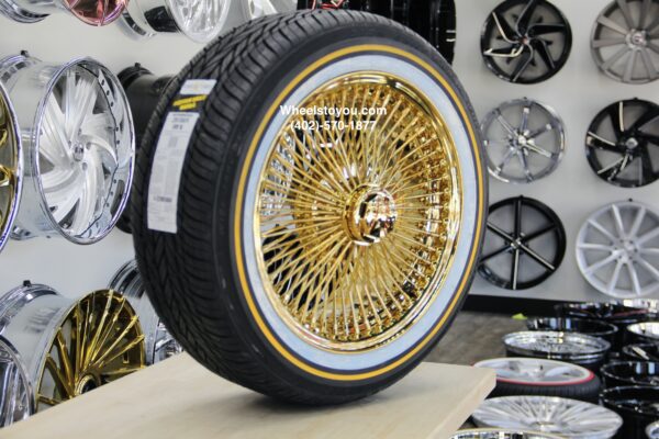 New Set (4) All Gold 18X8" Front Wheel Drive 24kt Gold Bead Lace 100 Spoke True Knockoff Wire Wheels & Vogue Whitewall Yellow Gold Stripe Tire Package (4) WITH HARDWARE