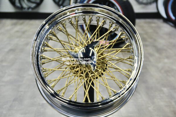 New Set (4) 22x8" Cross Lace 24kt Gold Center (Gold Back) 92 Spoke Chrome Lip True Knockoff Wire Wheels Complete Set with Hardware